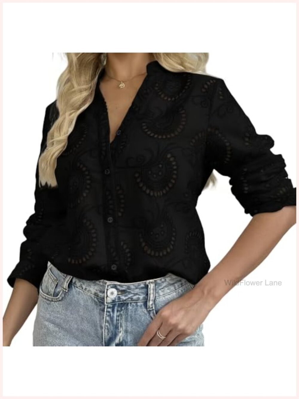 Women's Cotton Embroidered Eyelet Western Top Button Down Gauze Shirt V Neck